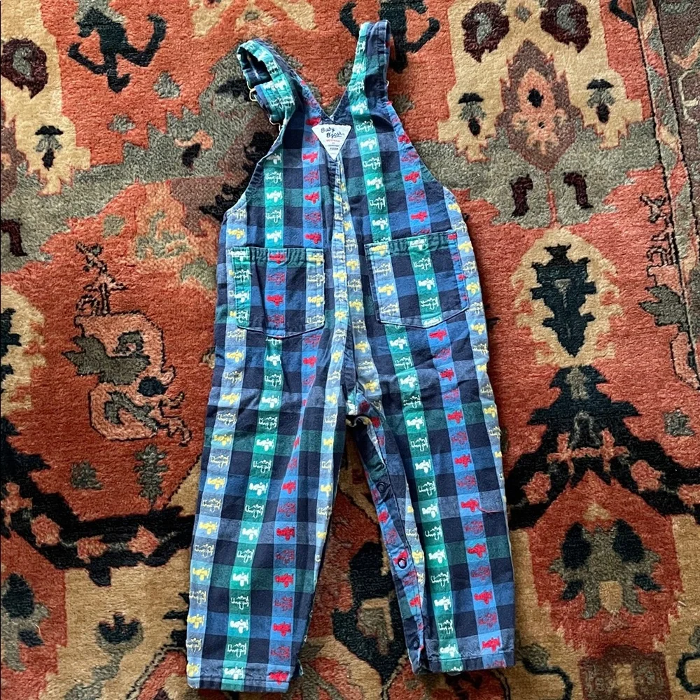 Vintage Baby OshKosh B'gosh Boys Retro Striped Plaid Airplane Overalls 24M